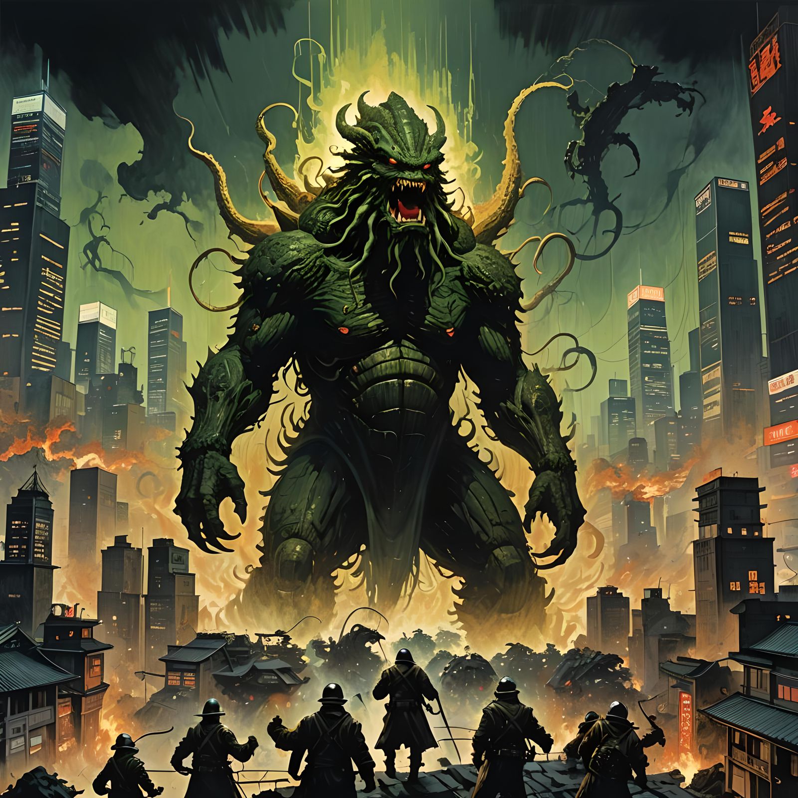 Cthulhu Godzilla's Furious Tokyo Attack: Linocut Horror