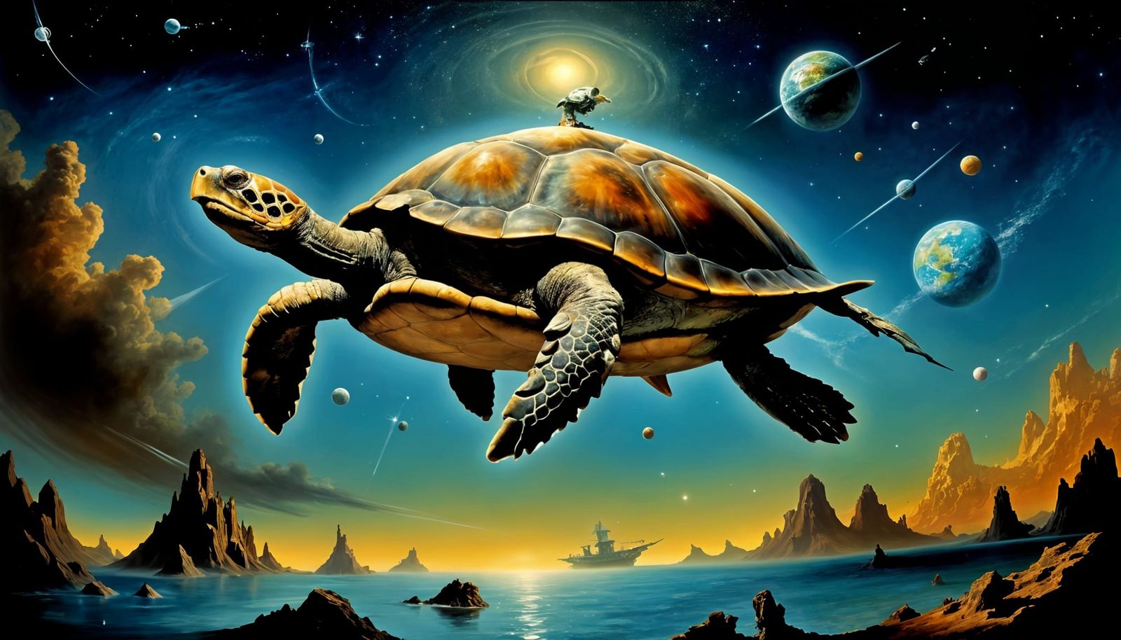 Giant Turtle Flies Through Space in Surrealist Style