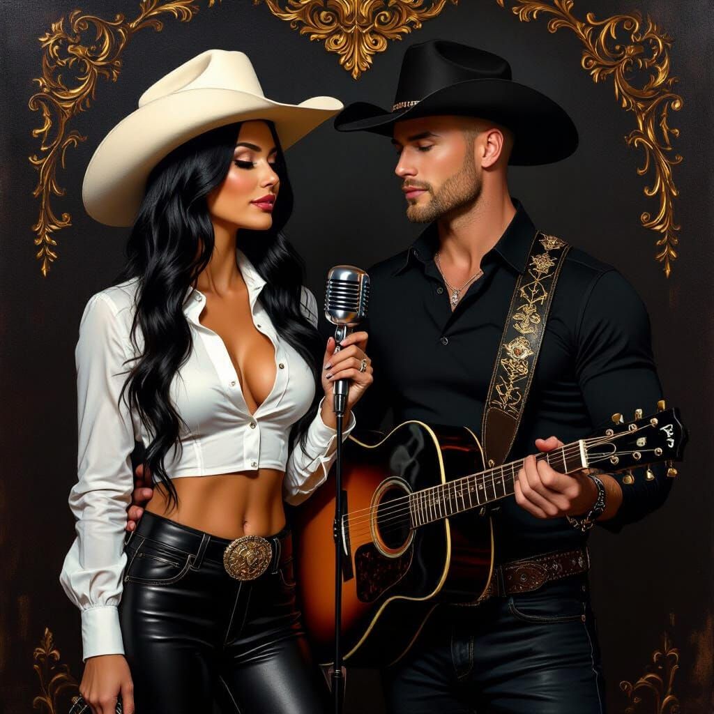 Romantic Oil Painting of Couple with Guitar and Microphone