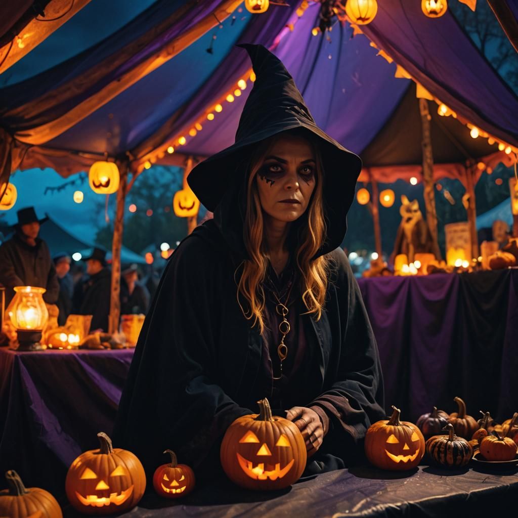 Halloween Witch at Night Fair in Dark Fantasy Style