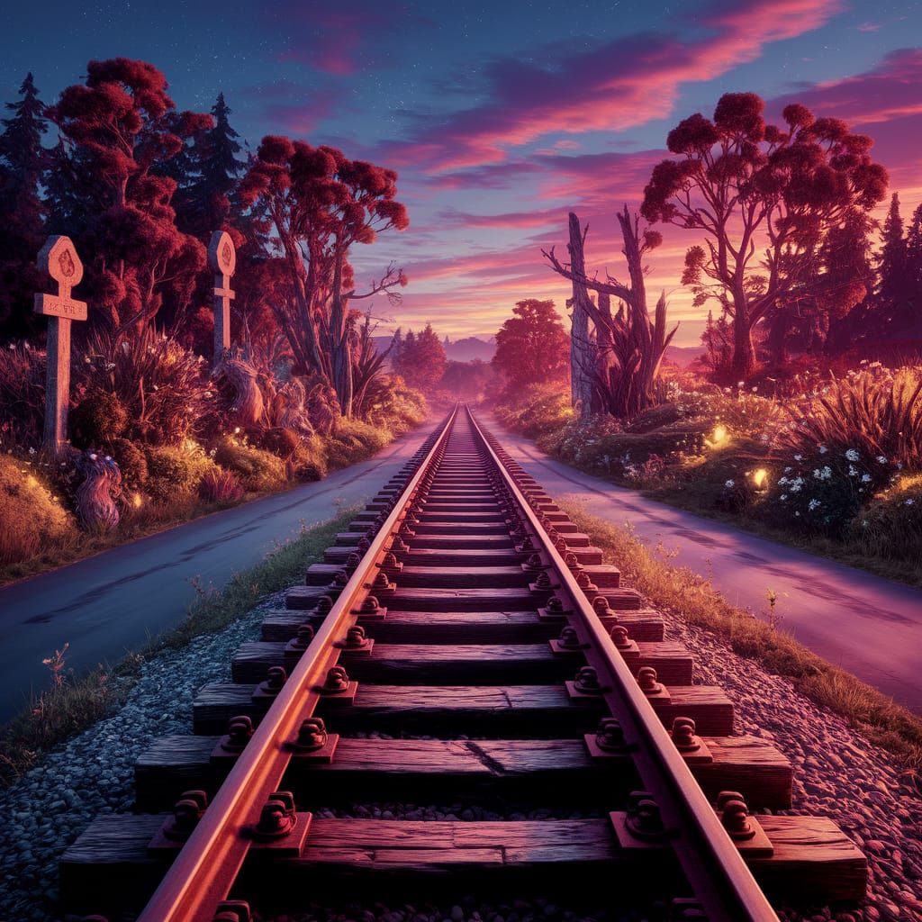 Twilight Railway Crossing in Detailed Matte Painting