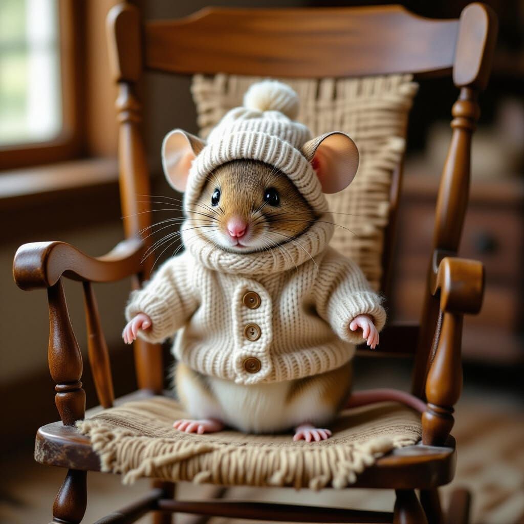 Mouse in Sweater on Rocking Chair, Whimsical Art