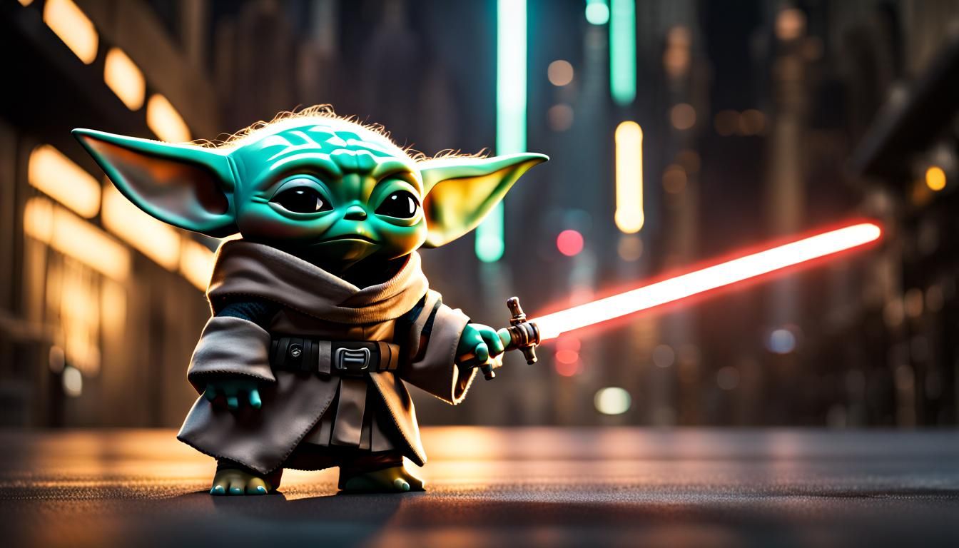 Chibi Baby Yoda with Darksaber on Coruscant