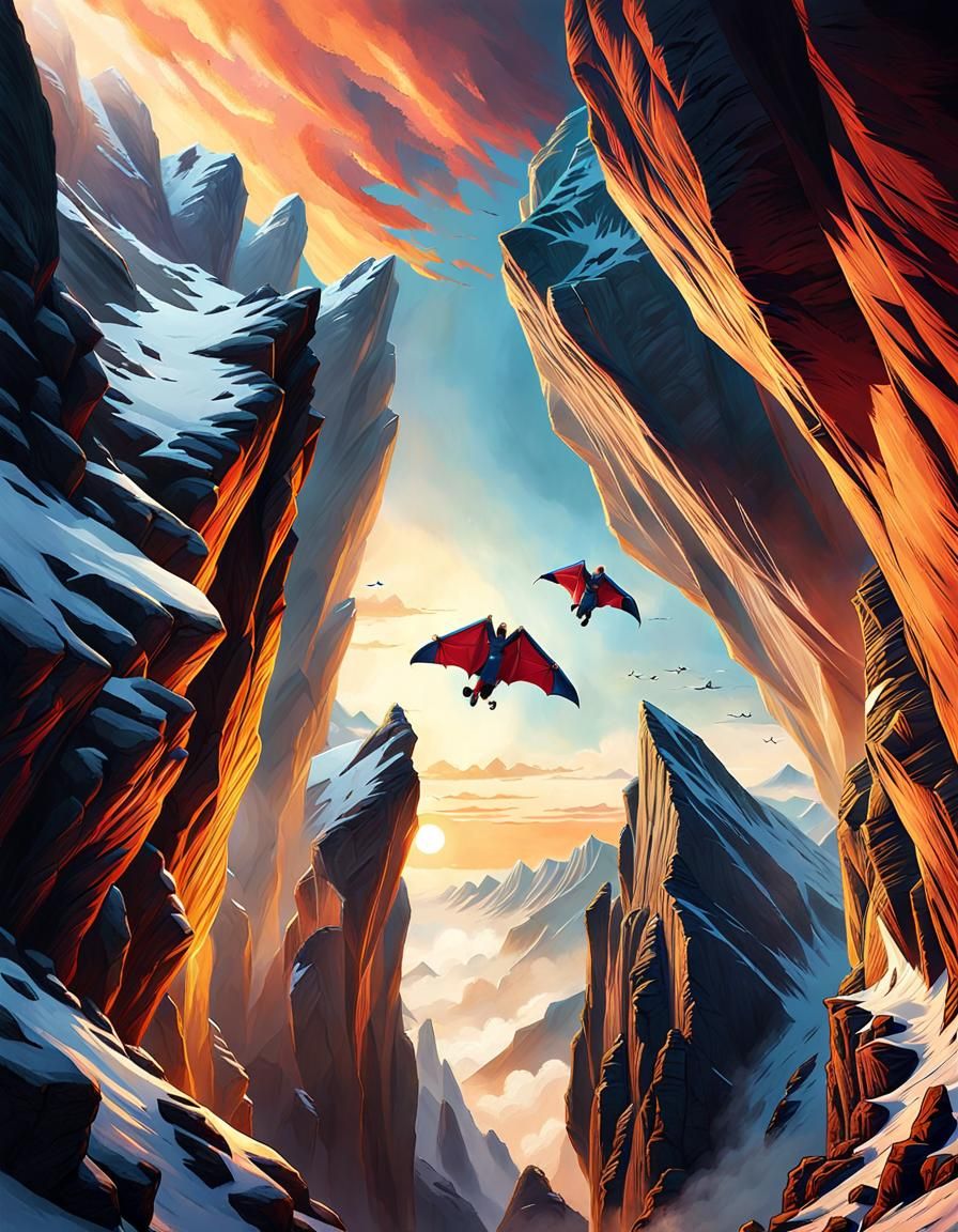 Wingsuit Flyer Soaring Between Rocky Peaks