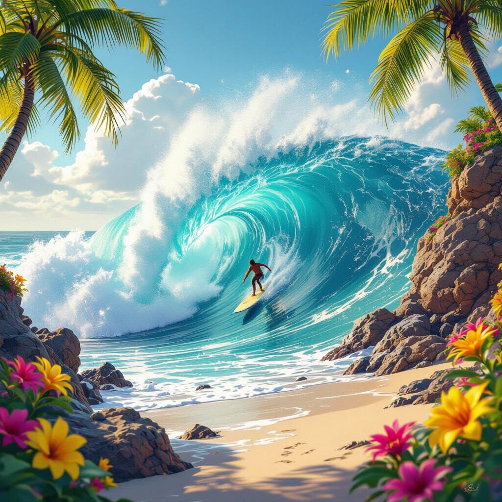 Surfer on Turquoise Wave in 3D Anime Style