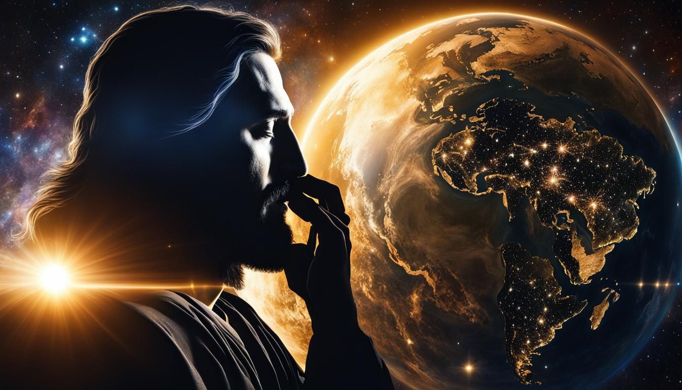 Jesus Embraces Earth in Galaxy Double Exposure