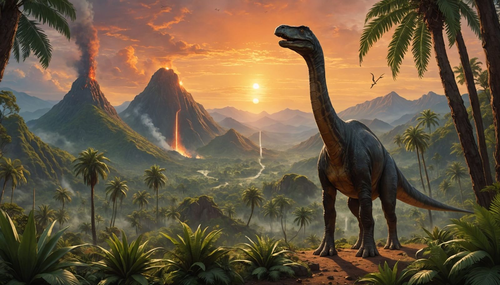Majestic Brachiosaurus in Jurassic Landscape at Sunset