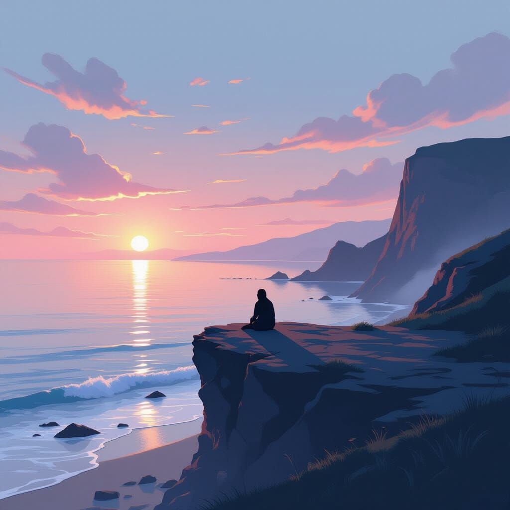 Meditative Figure on Cliff at Dawn Overlooking Serene Ocean