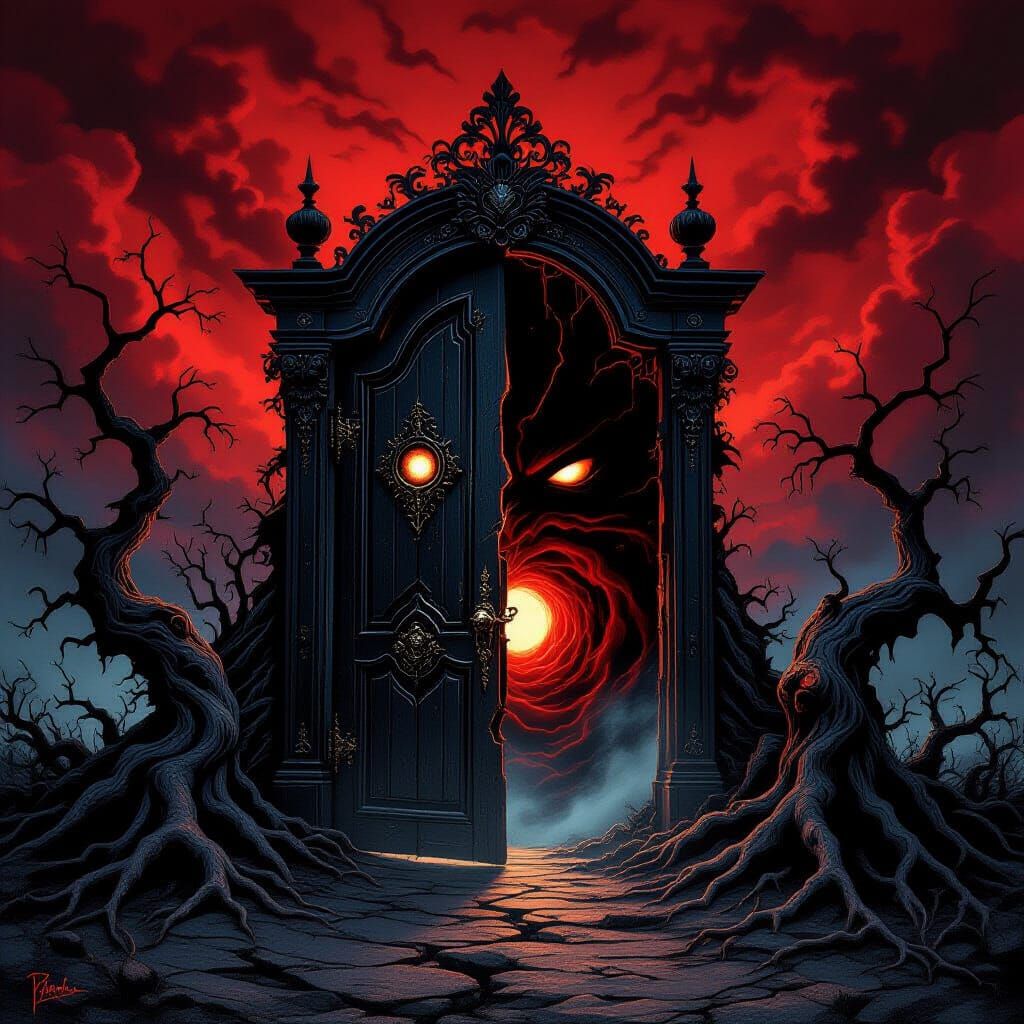 Gothic Door to Cosmic Abyss in Dark Fantasy Style