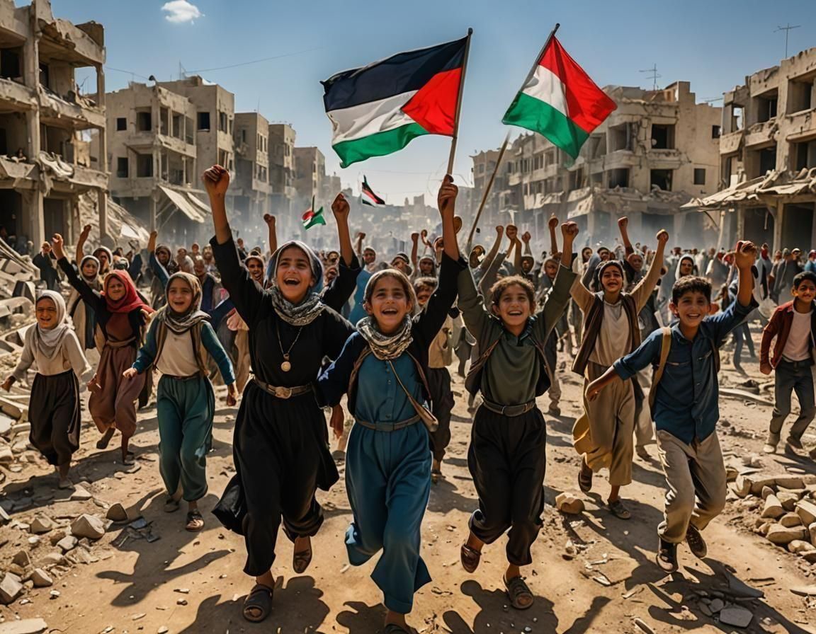 Joyful Crowd Emerges from Ravaged Landscape