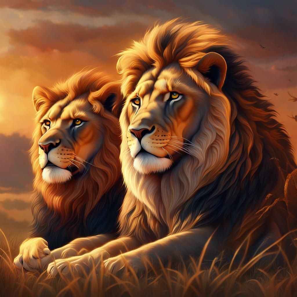 Crowned Lions: Majestic Savannah Sunset in Detailed Matte Pa...