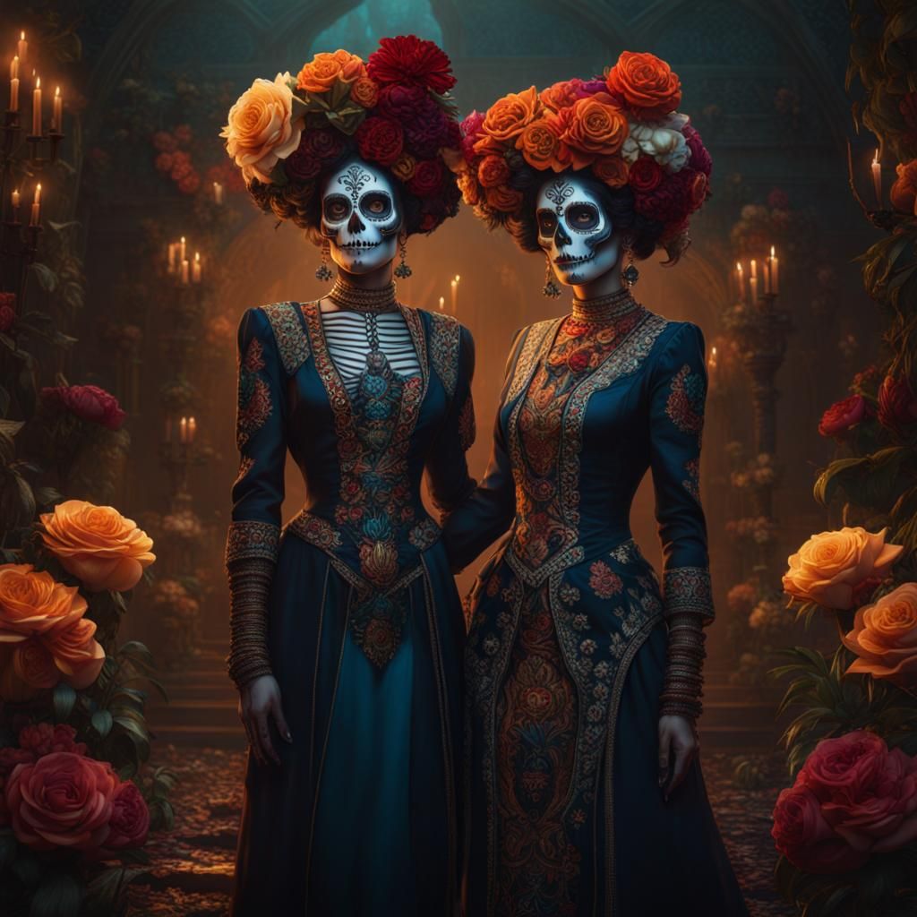 Calavera Catrinas Holding Hands, Detailed Matte Painting