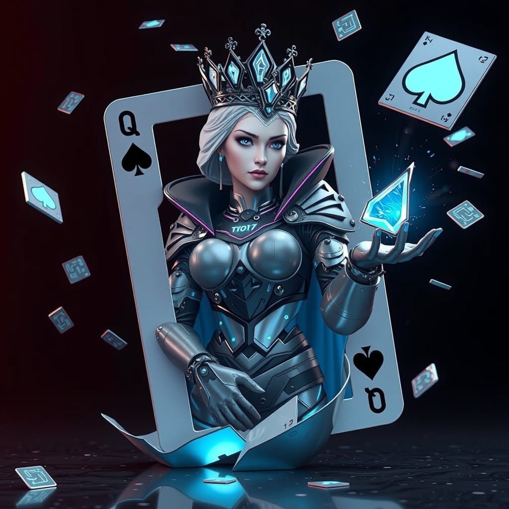 Futuristic Queen of Spades Emerges from Card