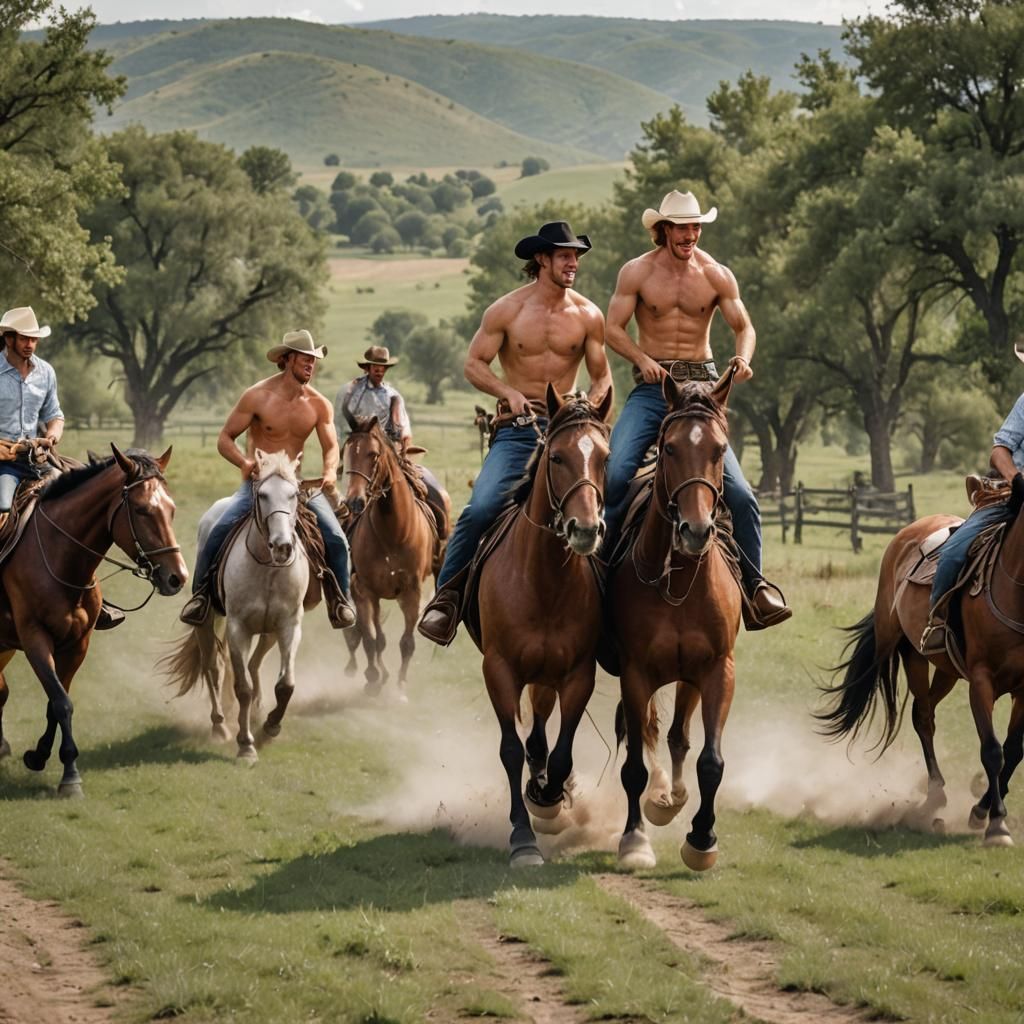 Shirtless Cowboys Galloping Through Countryside