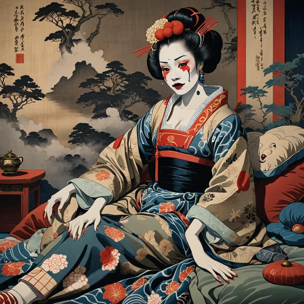 Clown Woman in Japanese Palace, Ukiyo-e Style