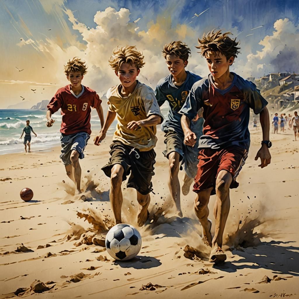 Boys Playing Football on Beach in Sumi-e Style