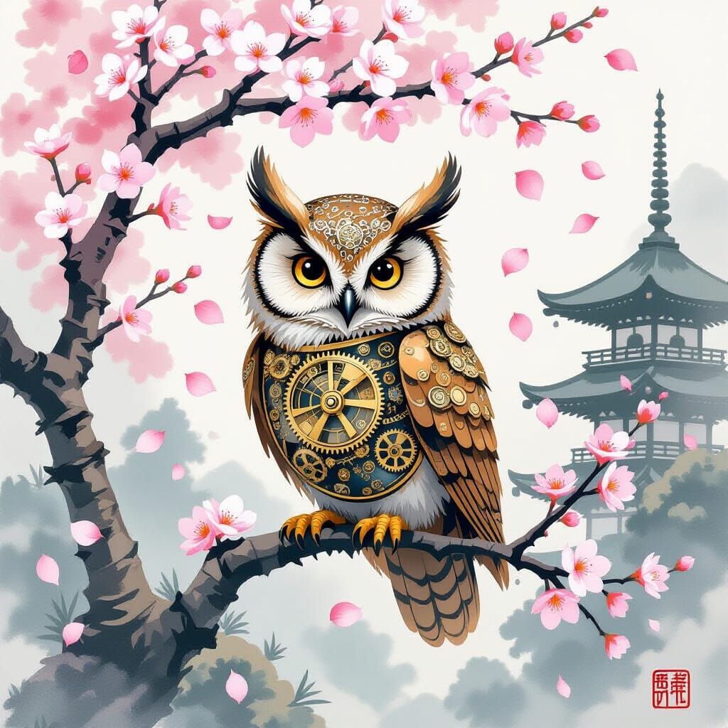 Clockwork Owl in Blooming Cherry Blossom Garden