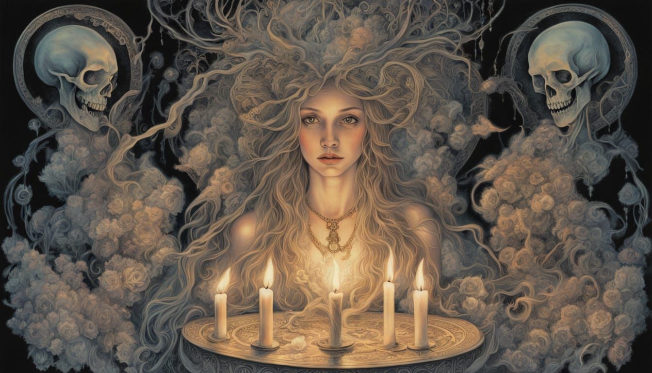 Ethereal Witch with Bioluminescent Body and Black Cat