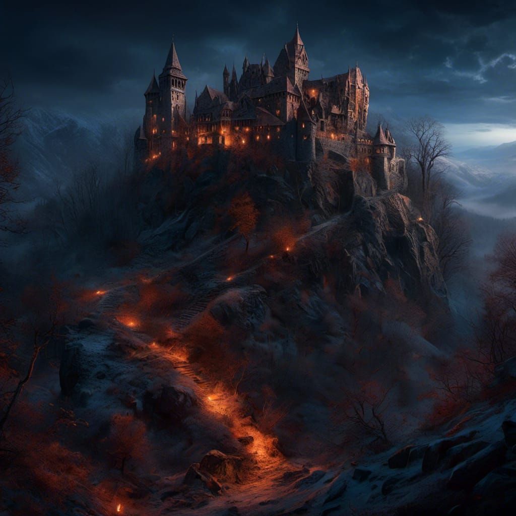 Ruined Bran Castle at Sunset on a Mountain Peak