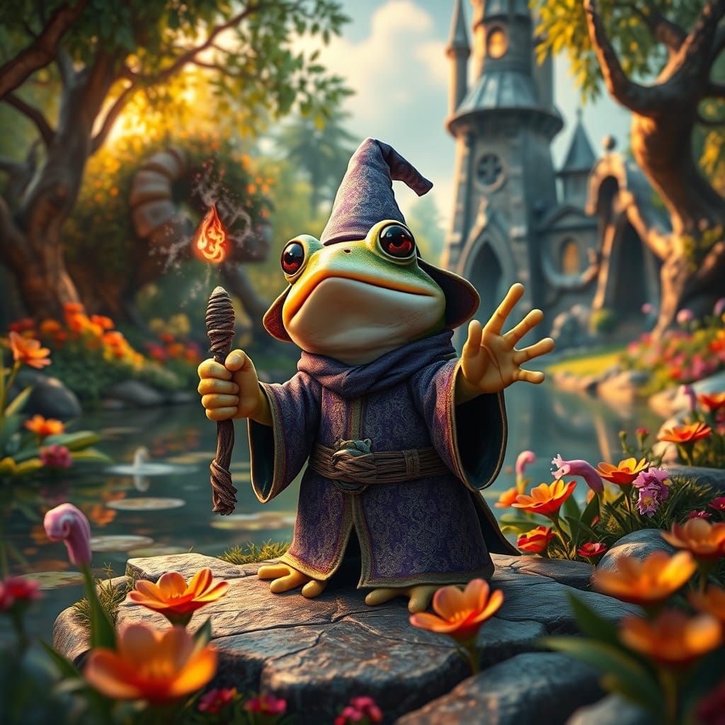Charming Wizard Frog in Whimsical Garden Scene