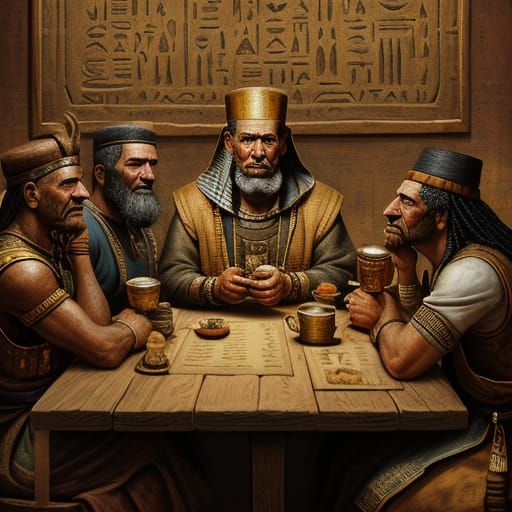 Egyptian Scribe in Bustling Tavern, Impasto Oil Painting