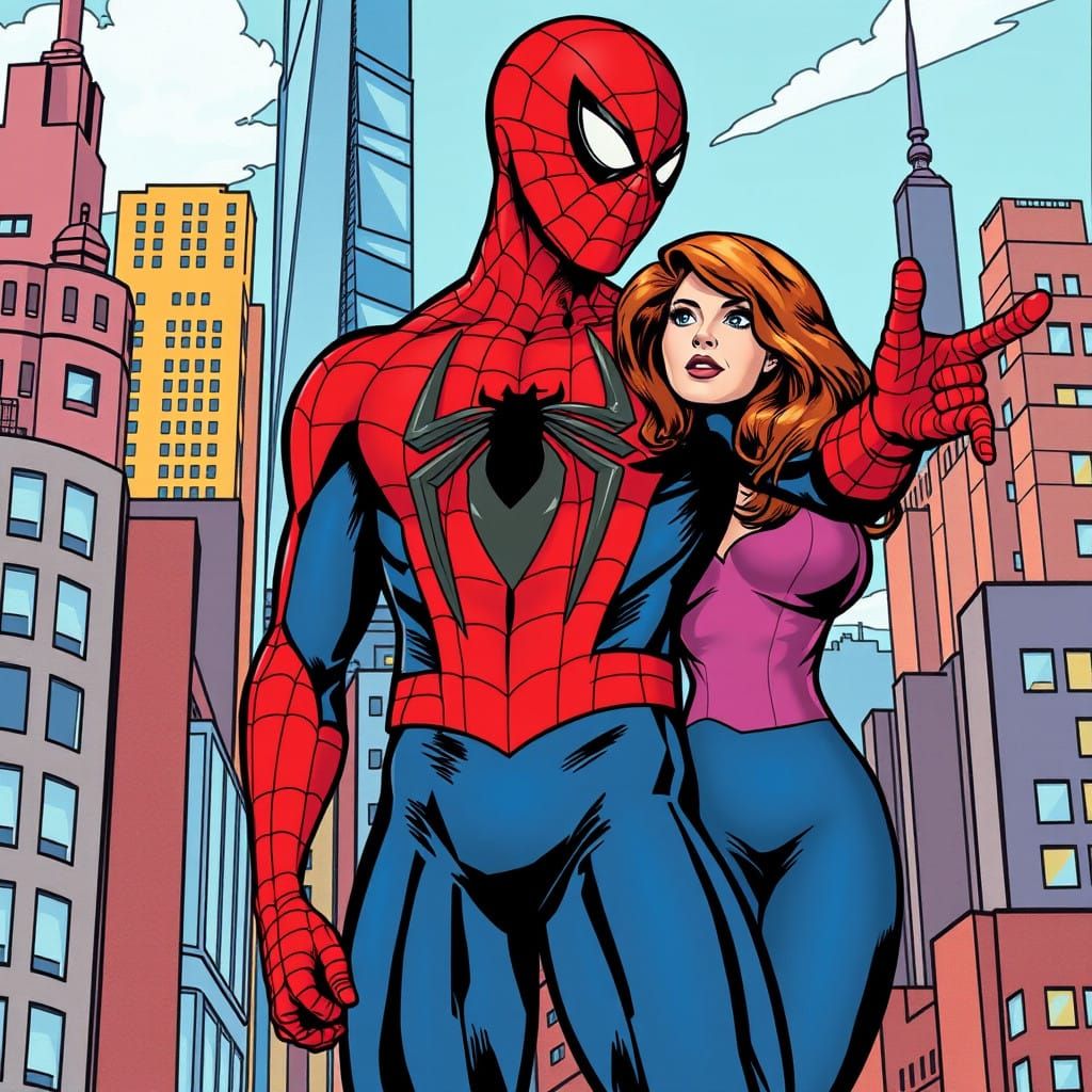 Spider-Man and Mary Jane Watson in Classic Comic Book Style