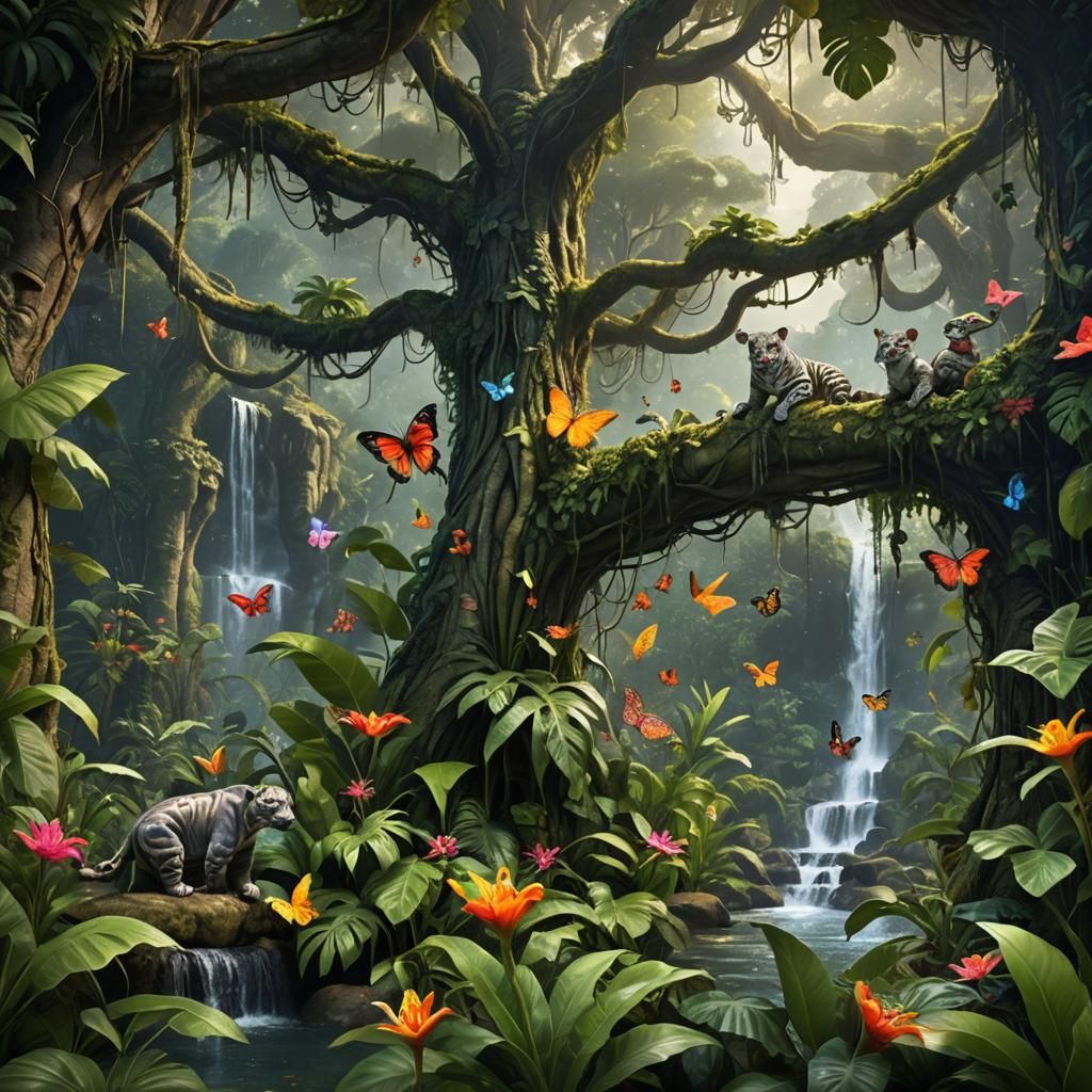 Lush Jungle Scene with Exotic Wildlife in Digital Art