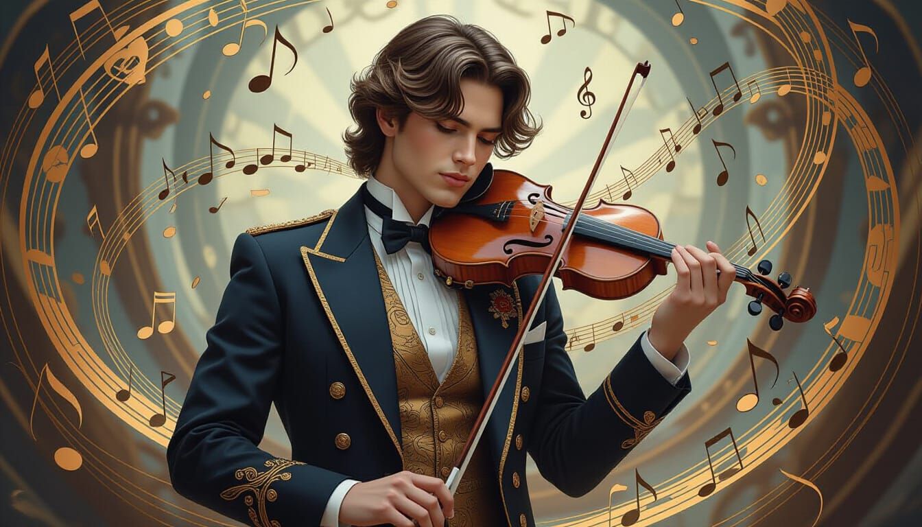 Hyperrealistic Musician Surrounded by Dancing Music Elements
