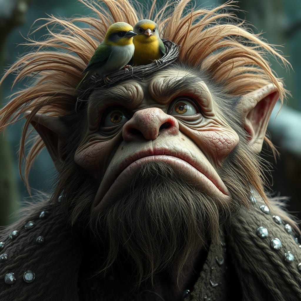 Grumpy Troll with Bird Nest, Hyper-Realistic Digital Art