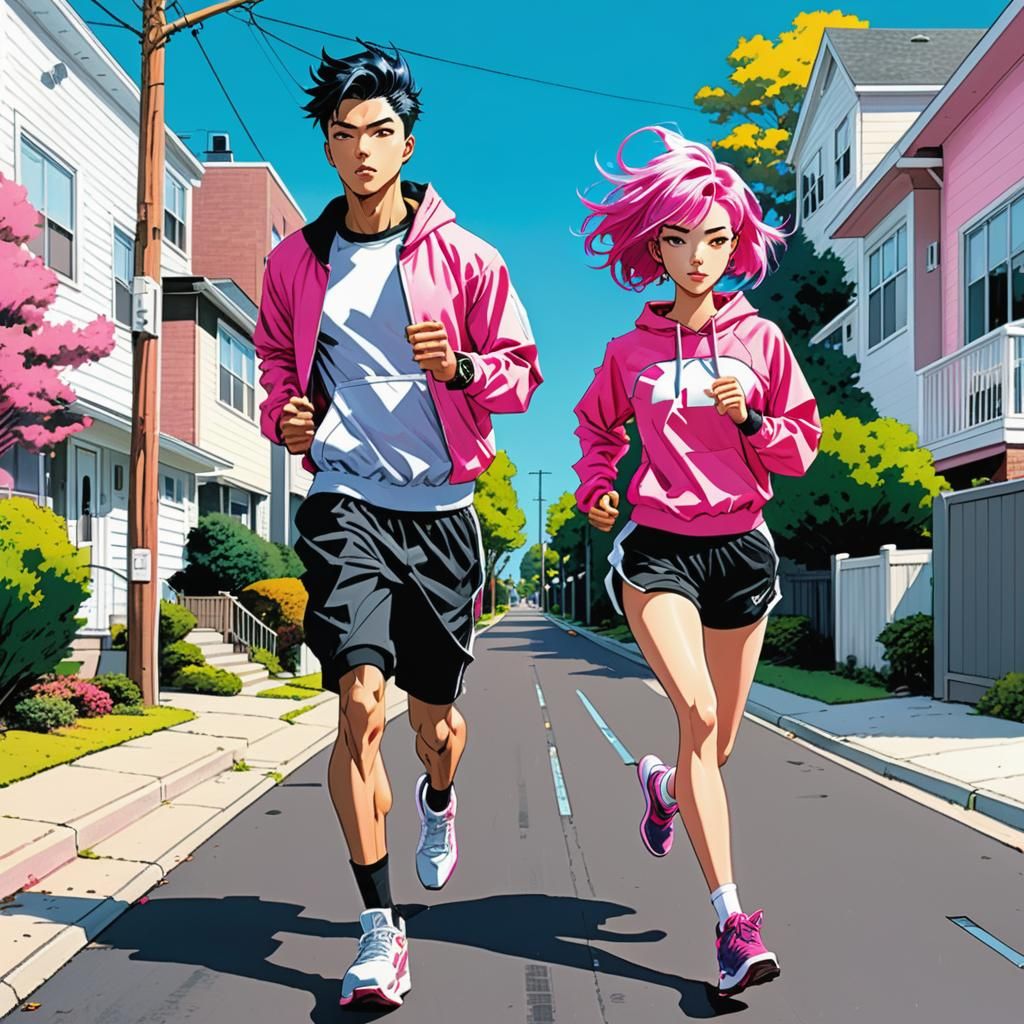 Teens Jogging in Hyperdetailed Comic Art Style