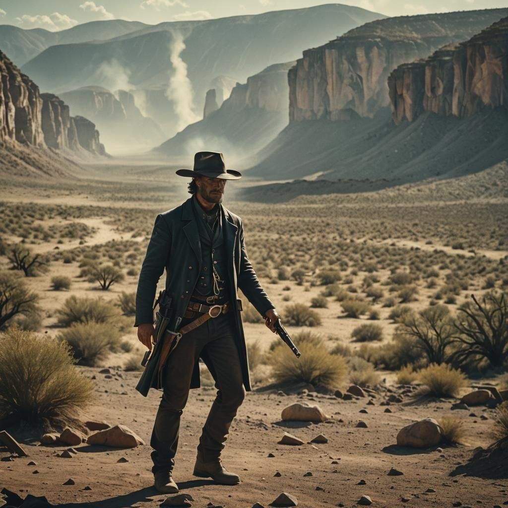 Dramatic Gunslinger in Cinematic Film Still
