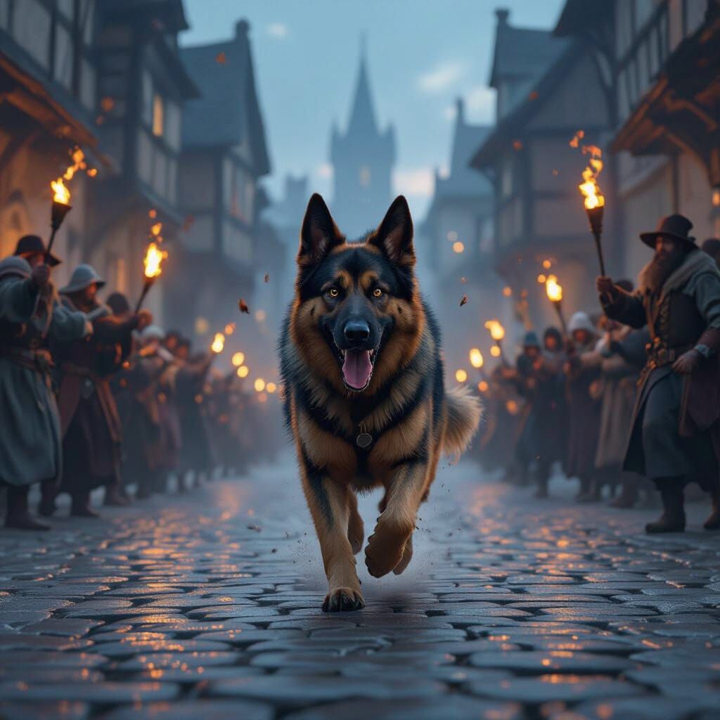 German Shepherd Flees Medieval Mob in Twilight Town Square