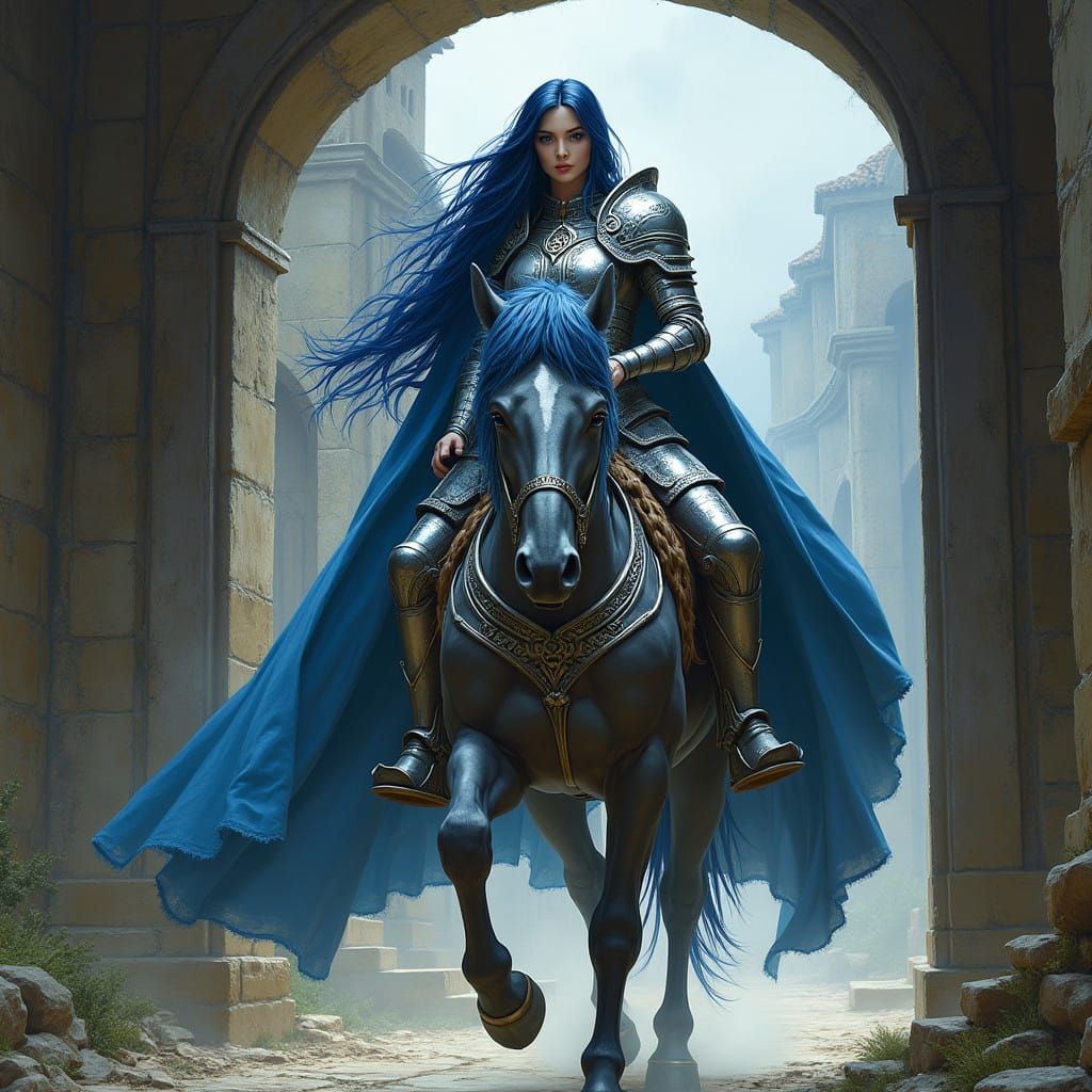 Ethereal Princess Warrior Goddess on Warhorse Enters Village