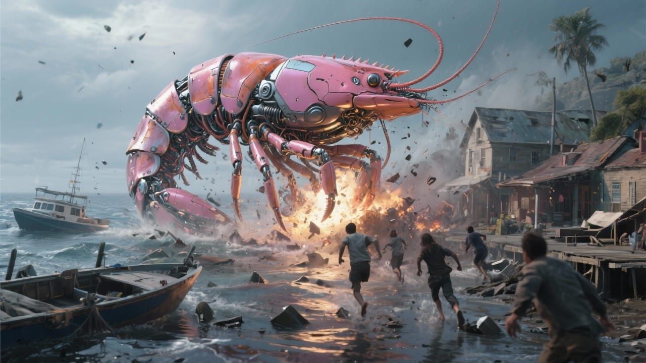 Giant Cyborg Shrimp Destroys Seaside Village in 3D Render