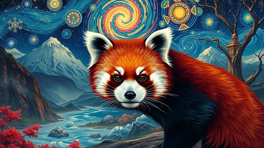 Red Panda in Ukiyo-e Steampunk Landscape