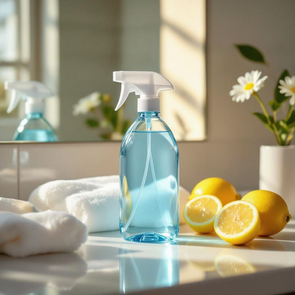 Photorealistic Glass Cleaner Bottle on Bathroom Counter