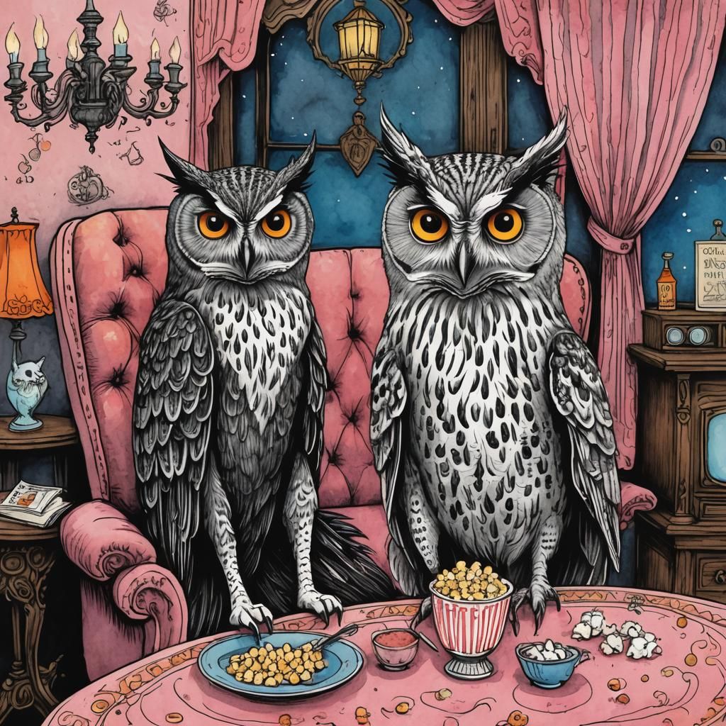 Gothic Doodle: Owl and Cat in Victorian Parlor