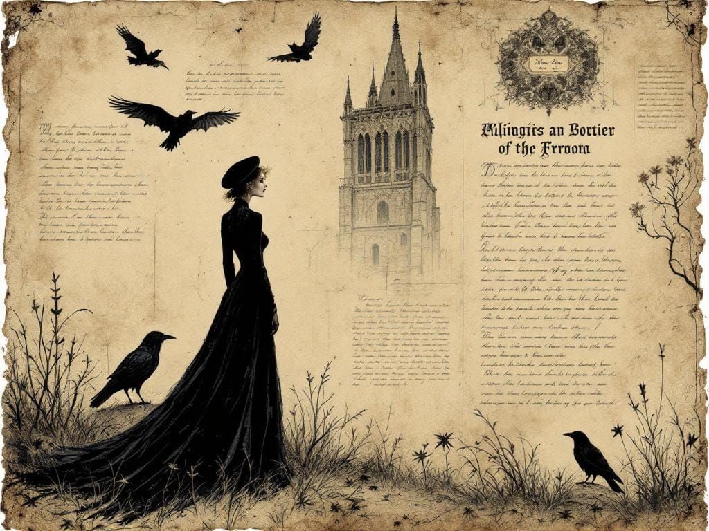 Woman at Parchment Edge in Gothic Surrealist Style