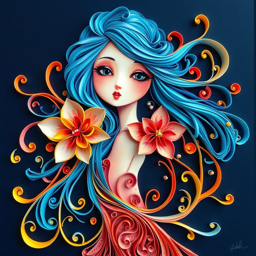 Stylized Female Figure in Whimsical Quilled Art Style