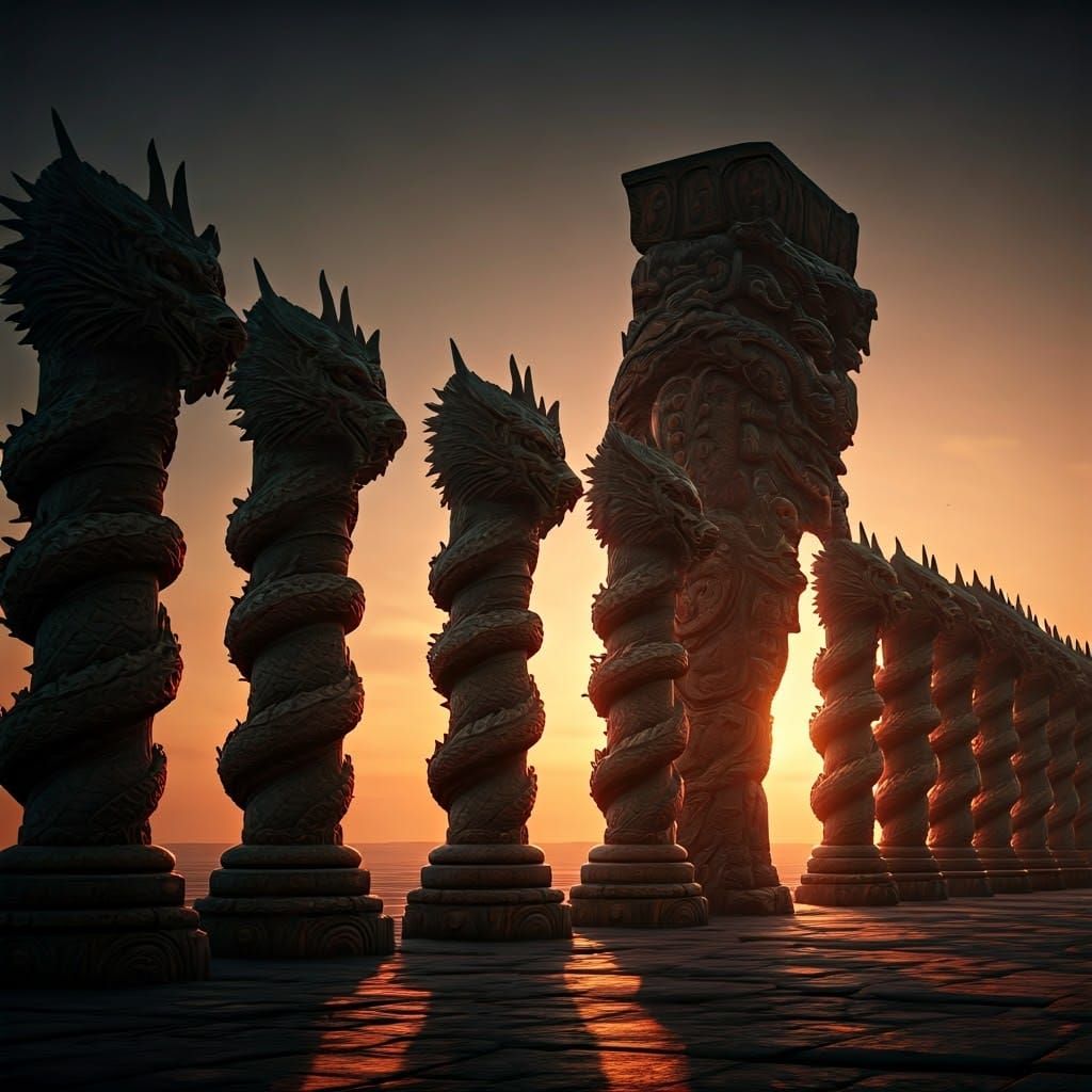 Majestic Dragon Pillars at Sunset in 8K