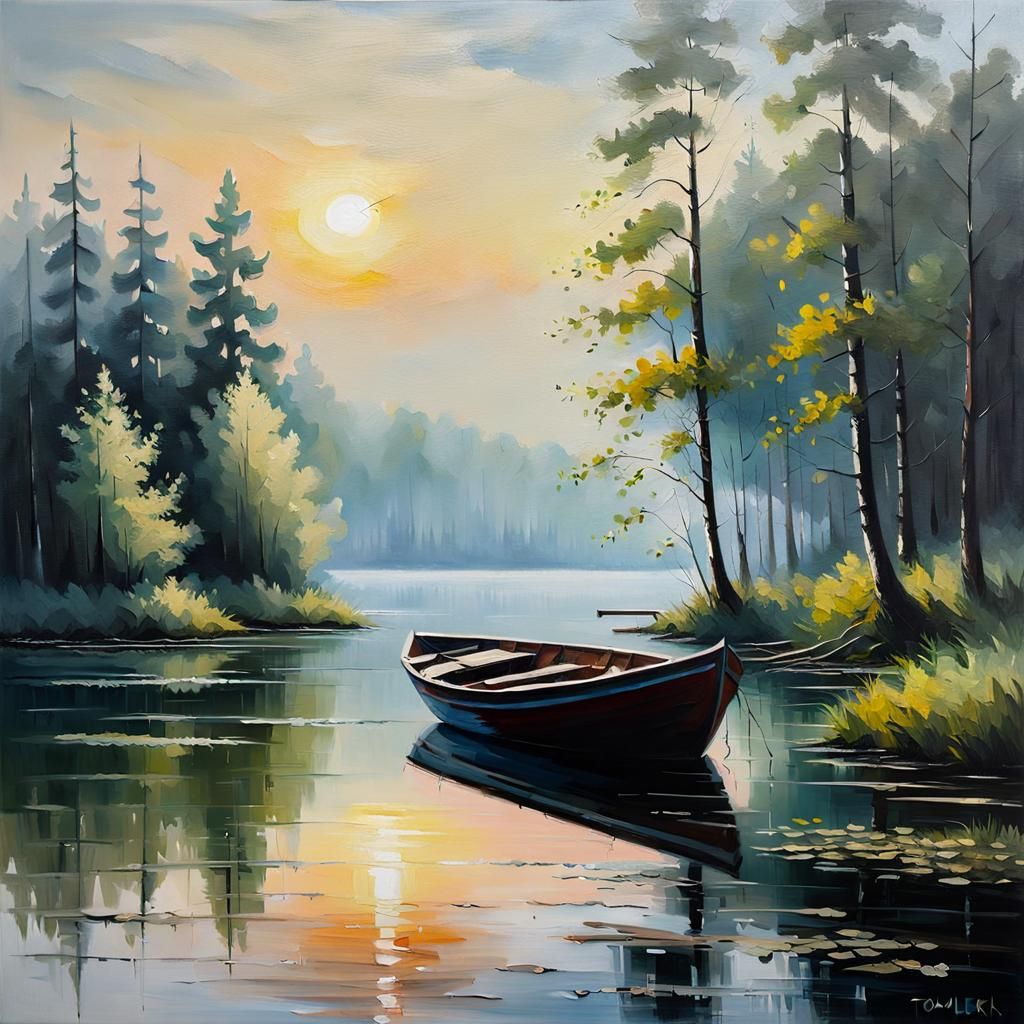 Misty Lake: Boat at Dawn in Oil Painting Style