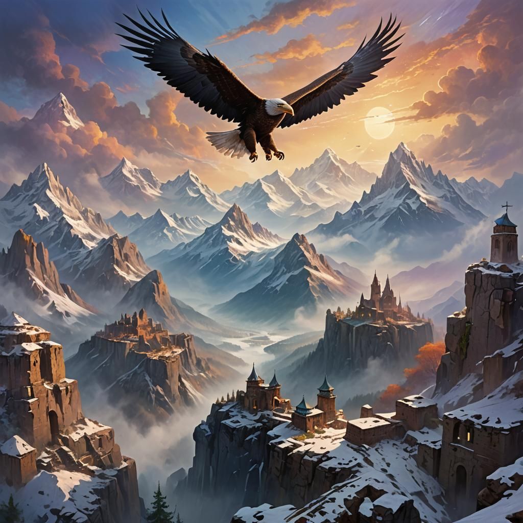Mystical Eagle Soaring Over Snowy Mountain Range