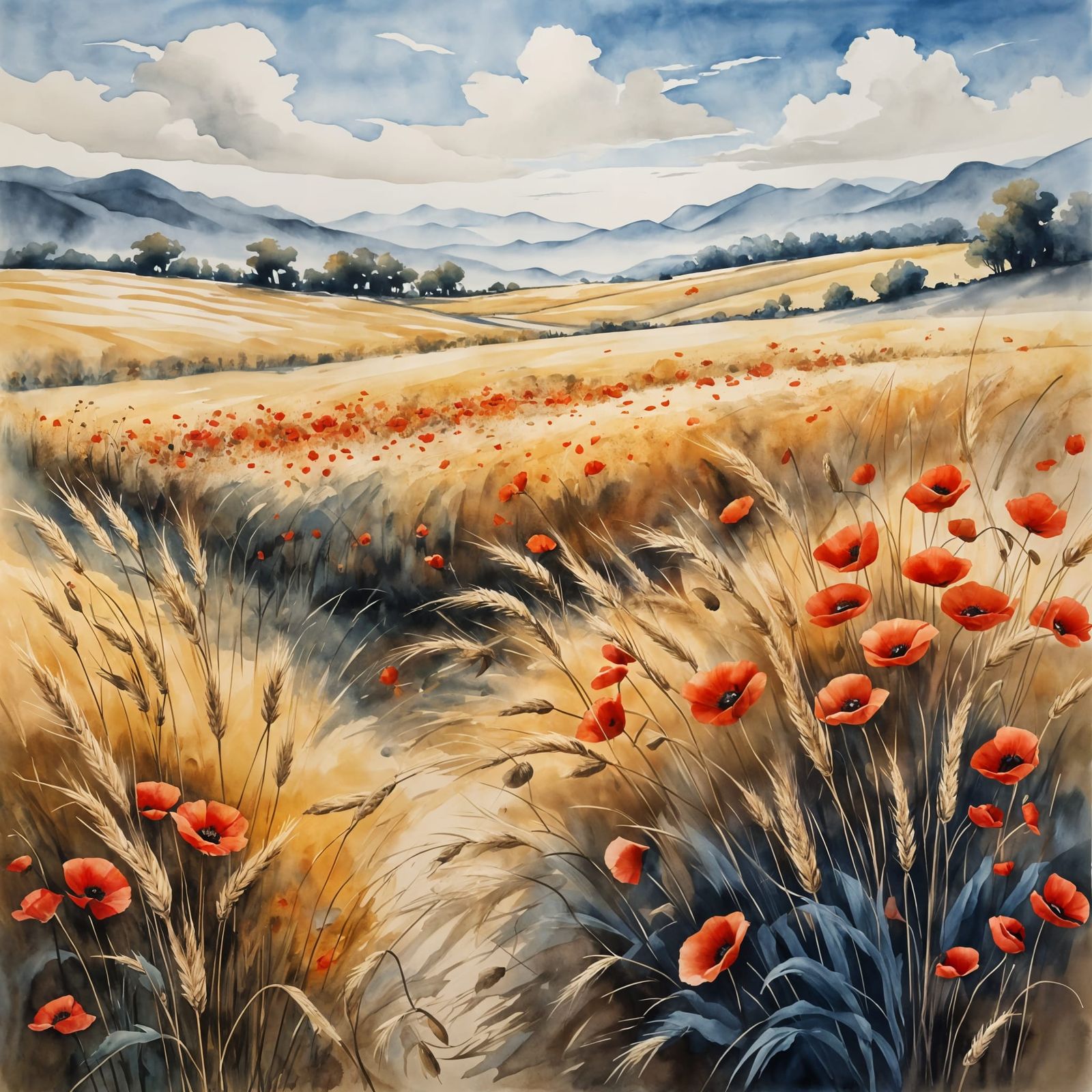 Golden Wheat Field with Red Poppies in Watercolor