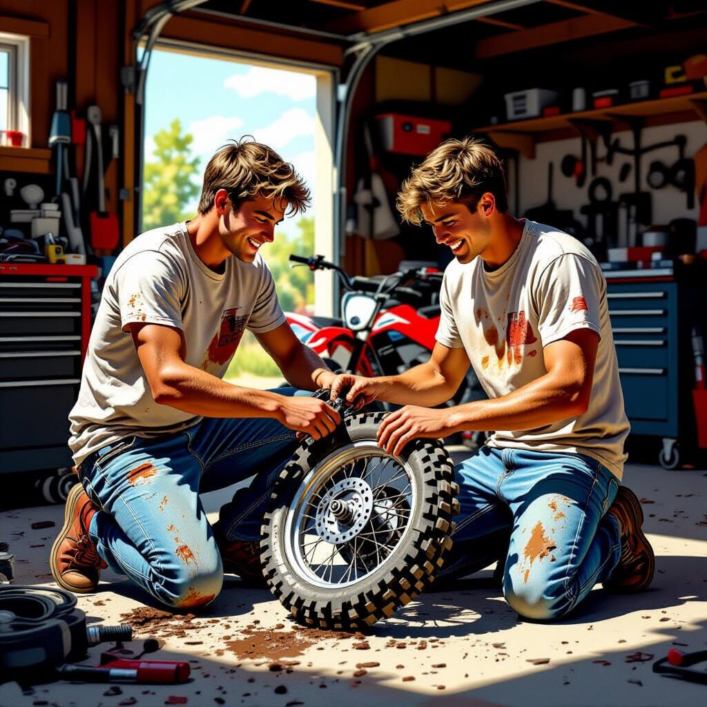 Guys Repairing the Flat Tire from Josh's Dirt Bike