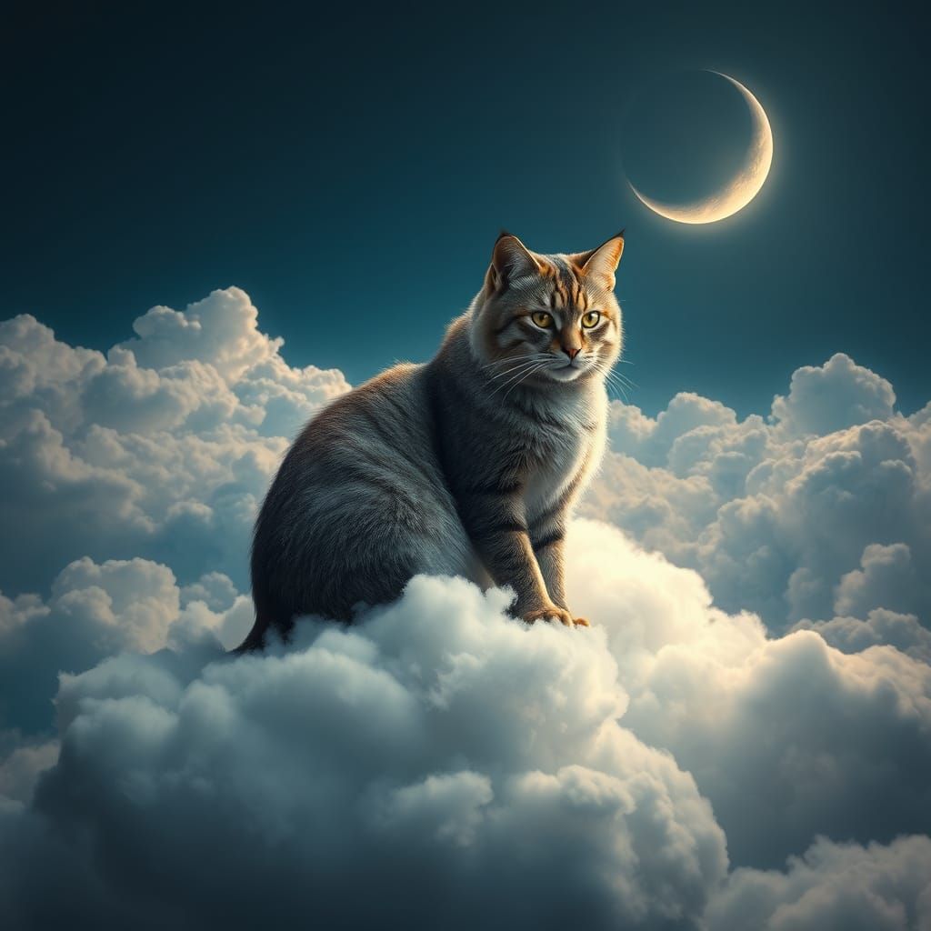 Surreal Nighttime Scene of Majestic Cat on Cloudy Horizon