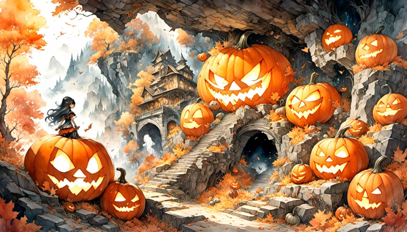 Sinister Jack-o'-Lantern Grin in Dark Fantasy Cavern