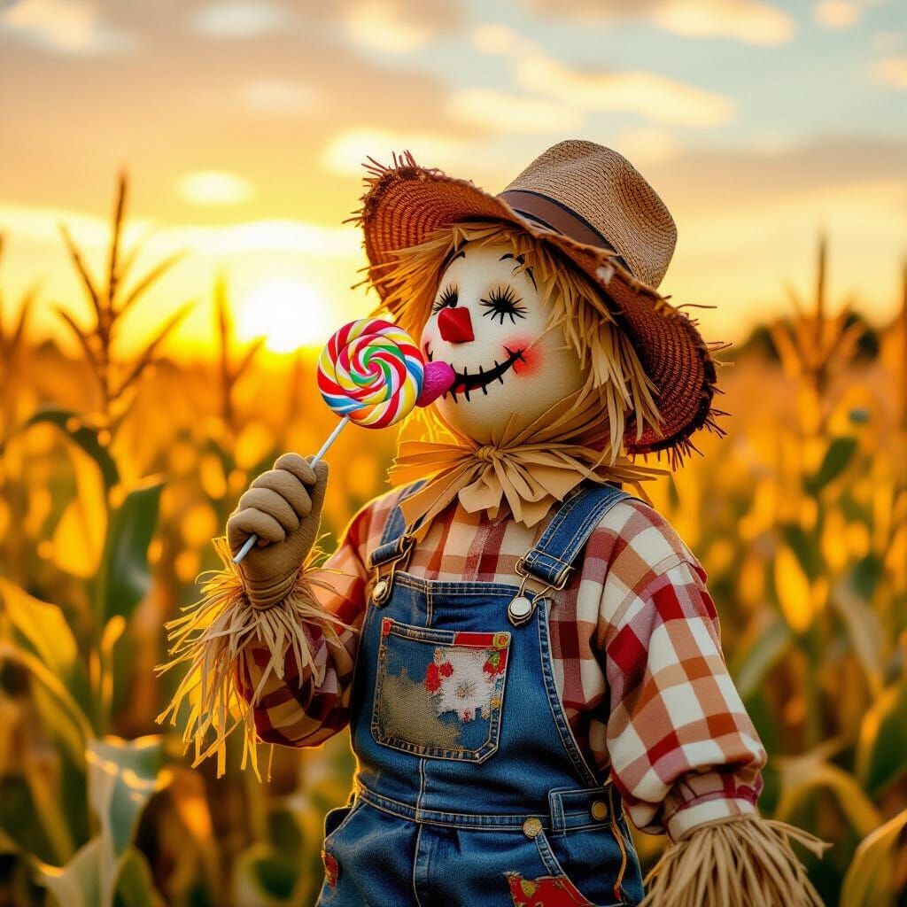 Whimsical Scarecrow Licking Lollipop in Golden Hour Cornfiel...