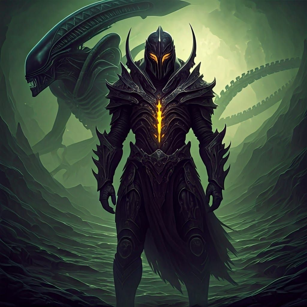 Xenomorph Warrior in Dark Fantasy Landscape
