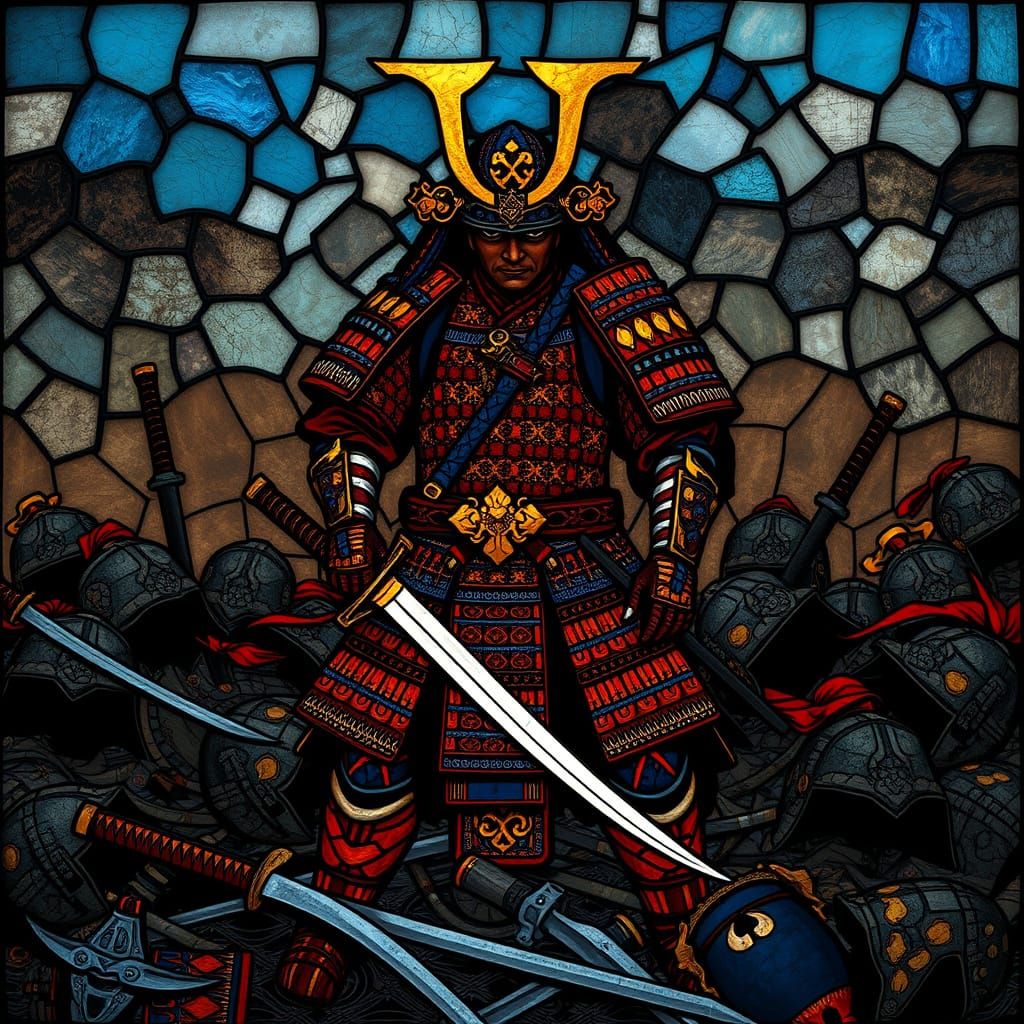 Stained Glass Samurai Warrior on Battlefield