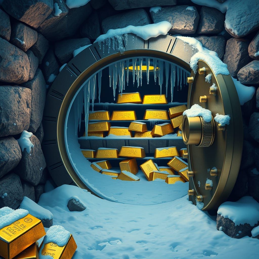 Treasures Frozen in Time, Gold Bars Under Snowy Icicles